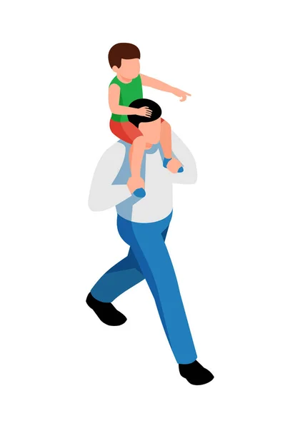 Isometric Dad Walking His Son Sitting Shoulders Vector Illustration — ストックベクタ