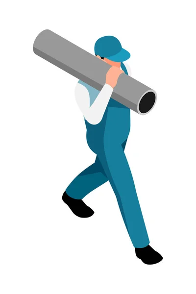 Worker Blue Uniform Carrying Pipe Isometric Vector Illustration — Vetor de Stock