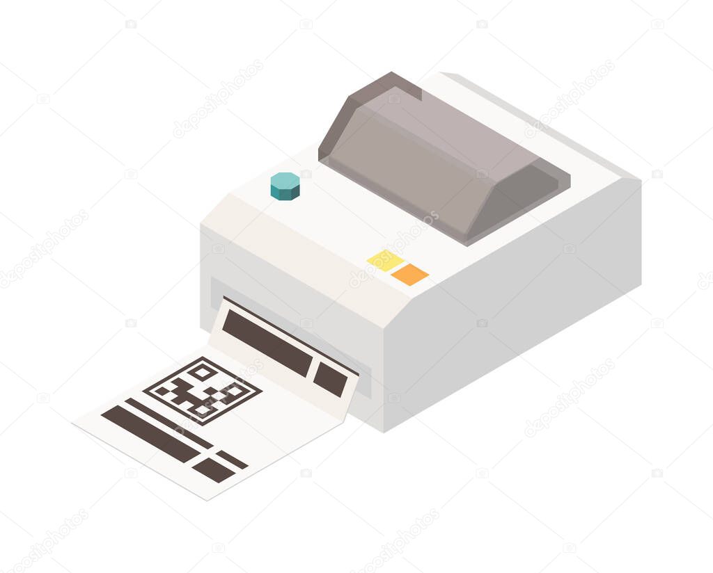 Isometric printer printing label with qr code 3d vector illustration