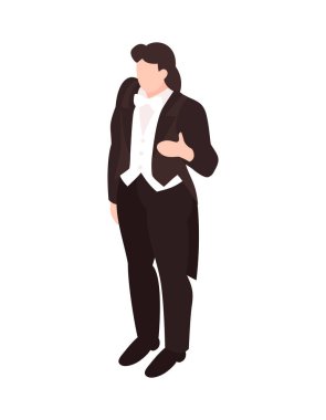 Beyaz arkaplan 3d vektör illüstrasyonuna karşı müzisyen ya da orkestra şefinin Isometric erkek karakteri