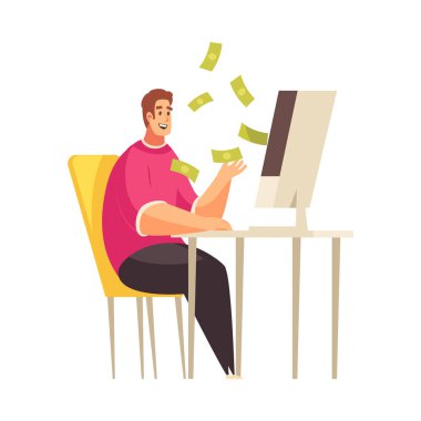 Freelance cartoon concept with happy man freelancer working on computer earning money online vector illustration