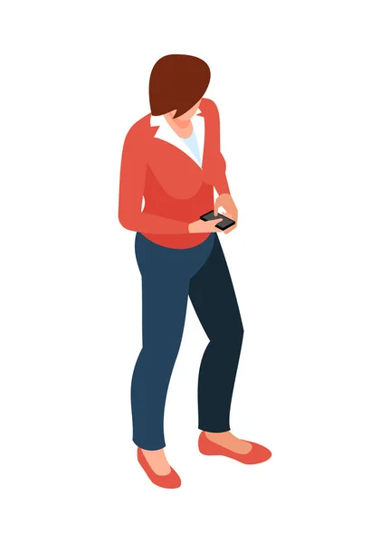 Isometric Businesswoman Office Worker Smartphone Vector Illustration — Vettoriale Stock