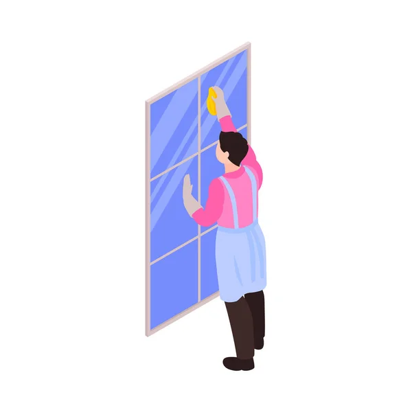 Isometric Cleaning Service Worker Washing Window Vector Illustration — стоковый вектор