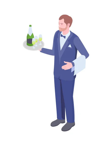 Waiter Champagne Bottle Glasses Tray Isometric Vector Illustration — 스톡 벡터