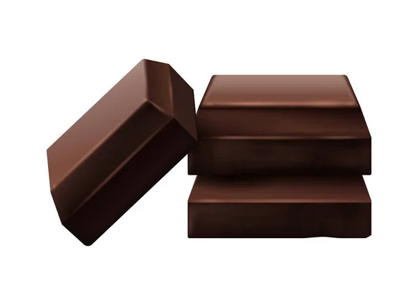 Tři Realistické Kousky Tmavé Čokolády Bílém Pozadí Vektorové Ilustrace — Stockový vektor