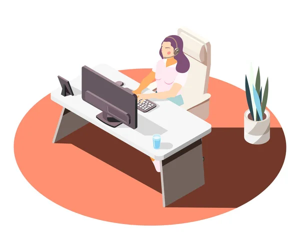 Call Center Technical Support Isometric Composition Female Worker Her Workplace — Archivo Imágenes Vectoriales