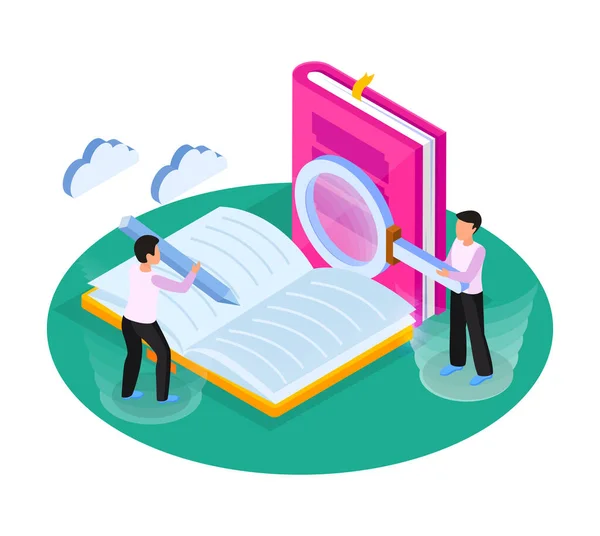 Online Library Isometric Concept Composition Two Human Characters Studying Searching — Stock Vector