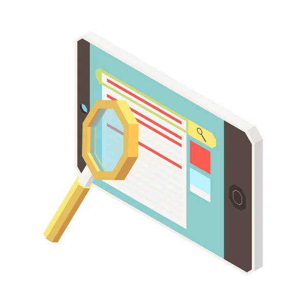 Isometric Search Engine Ranking Optimization Marketing Concept Smartphone Magnifier Vector — Stock vektor