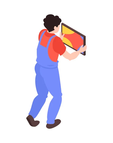 Home Renovation Isometric Icon Worker Uniform Hanging Picture Wall Vector — Wektor stockowy