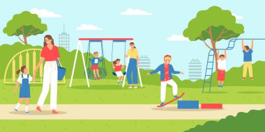 Children parents playground composition playground in the park where children can skateboard walk and swing vector illustration clipart