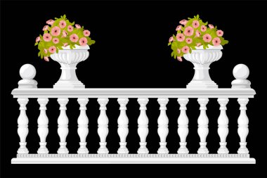 Balusters vase flowers composition with isolated view of medieval style fence with pots on black background vector illustration clipart