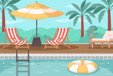 Outdoor swimming pool colored background with chaise lounges under umbrella and palm trees cartoon vector illustration