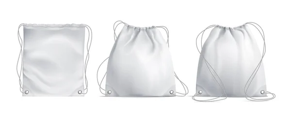 Three White Drawstring Bags Different Forms White Background Realistic Set — Vettoriale Stock