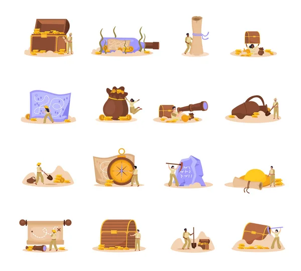 Treasure Hunt Flat Icons Set Old Chests Scroll Compass Map — Stockový vektor