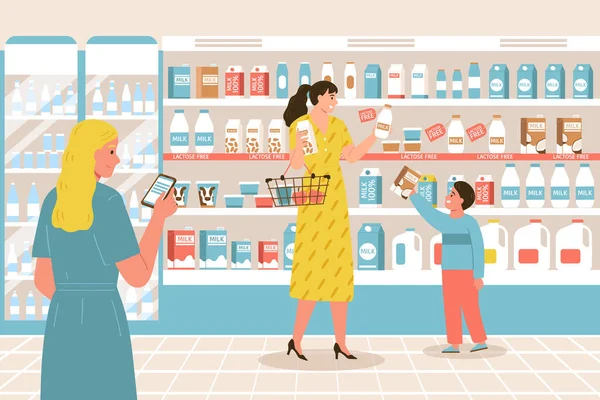 Food Allergy Supermarket Composition Woman Her Baby Store Milk Department — 스톡 벡터