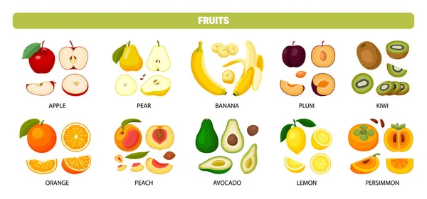 Whole Sliced Fresh Ripe Fruits Flat Set Text Captions Isolated — 图库矢量图片