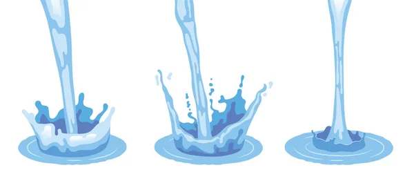 Three Isolated Light Blue Realistic Pouring Water Splashes Flat Colored — Stok Vektör