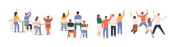 Cheering People Back Flat Icon Set Groups People Standing Sitting — Vettoriale Stock