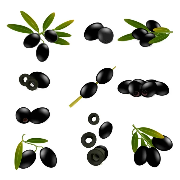 Black Olives Realistic Set Isolated Images Olives Buds Leaves Sliced — Stockvektor
