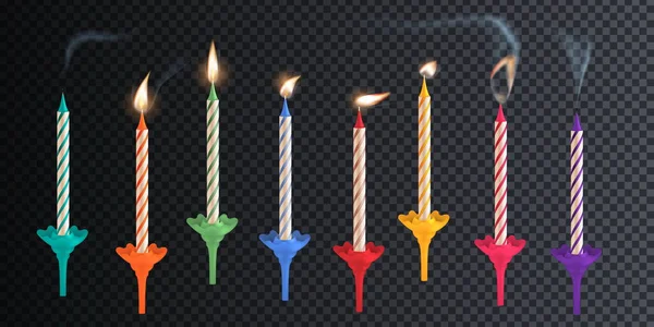 Realistic Set Colorful Burning Extinguished Birthday Candles Isolated Transparent Background — Stockový vektor