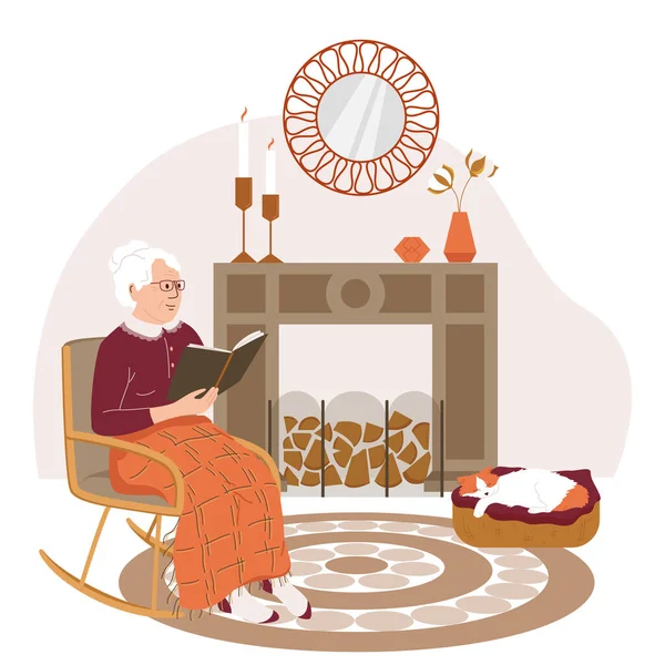 Hugge Lifestyle Flat Background Composition Indoor View Old Woman Reading — Archivo Imágenes Vectoriales