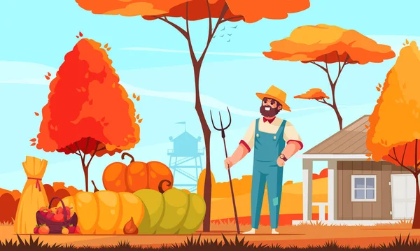 Autumn Scene Happy Farmer His Harvest Cartoon Vector Illustration — Archivo Imágenes Vectoriales