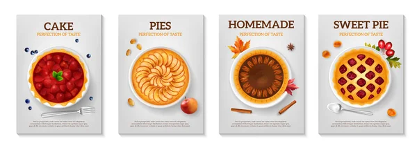 Realistic Baking Cakes Pies Set Four Vertical Posters Editable Text — Archivo Imágenes Vectoriales