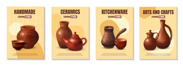 Realistic Clay Kitchenware Poster Set Four Vertical Compositions Editable Text — Stok Vektör