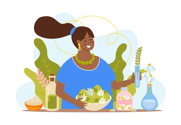 Herbal Medicine Flat Concept Funny Black Woman Surrounded Plants Medicines — Stockvektor