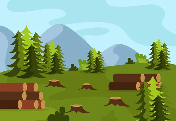Renewable Nonrenewable Resources Flat Background Fragment Softwood Forest Felled Trees — Vector de stock