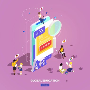Global education student exchange isometric composition with image of smartphone human characters editable text and button vector illustration
