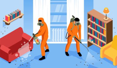 Pest control service workers using insecticide in living room exterminating cockroaches 3d isometric horizontal vector illustration