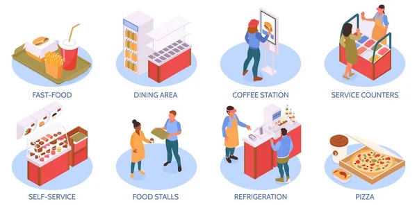 Food Court Isometric Compositions Set Food Stalls Isolated Vector Illustration — Stockvector