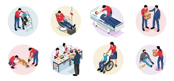 Volunteering Isometric Set Compositions People Helping Animals Disabled People Feeding — 스톡 벡터