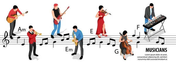 Isometric Musicians Infographics People Playing Instruments Notes Background Vector Illustration — Stok Vektör