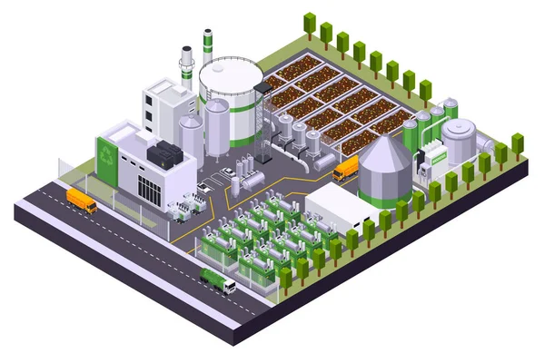 Bio Fuel Production Isometric Composition View Green Energy Plant Area — Vettoriale Stock