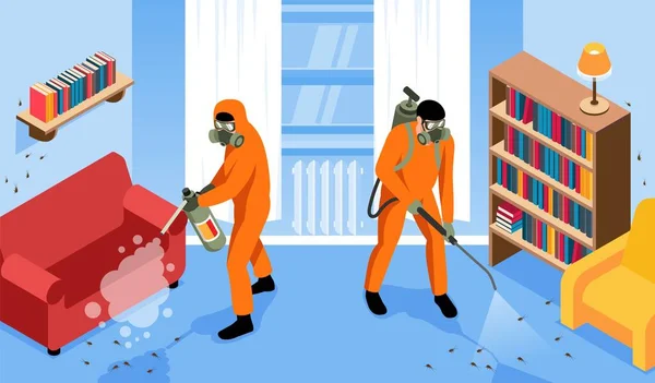 Pest Control Service Workers Using Insecticide Living Room Exterminating Cockroaches — Vector de stock