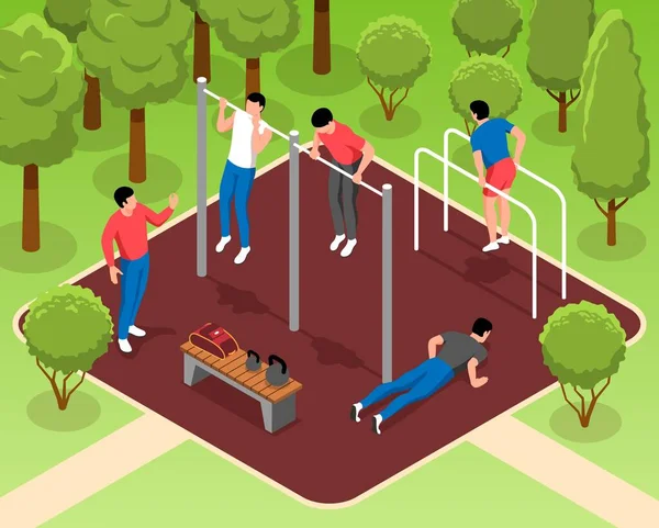 Men Doing Pull Ups Workout Sports Ground Park Isometric Vector — Stockvektor