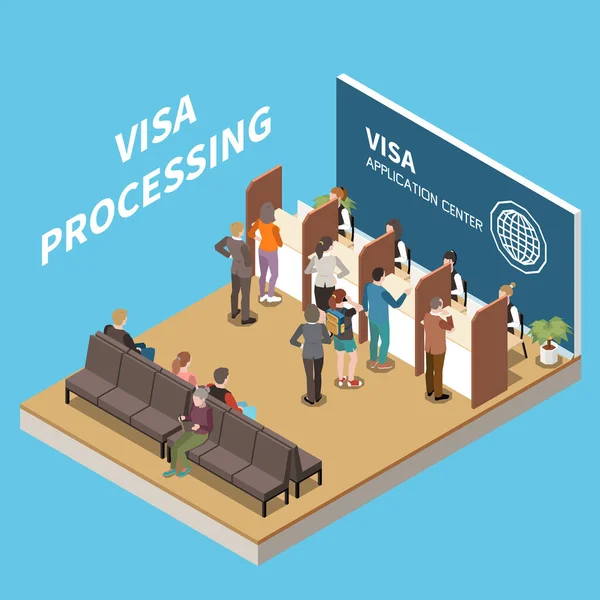 Visa Processing Isometric Background Staff Visa Application Center Serving Visitors — ストックベクタ
