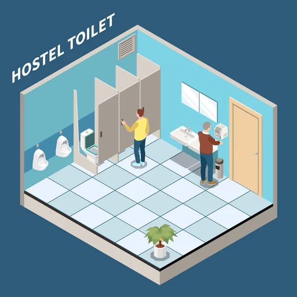 Hostel Male Toilet Isometric Background Three Booths Two Urinals Two — Stockvektor