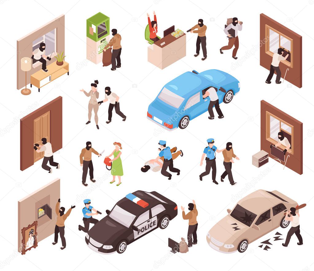 Isometric icons set with criminal police burglar and robbery scenes isolated vector illustration
