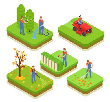 Professional gardening isometric compositions including pruning of trees and shrubs watering cleaning autumn foliage isolated vector illustration