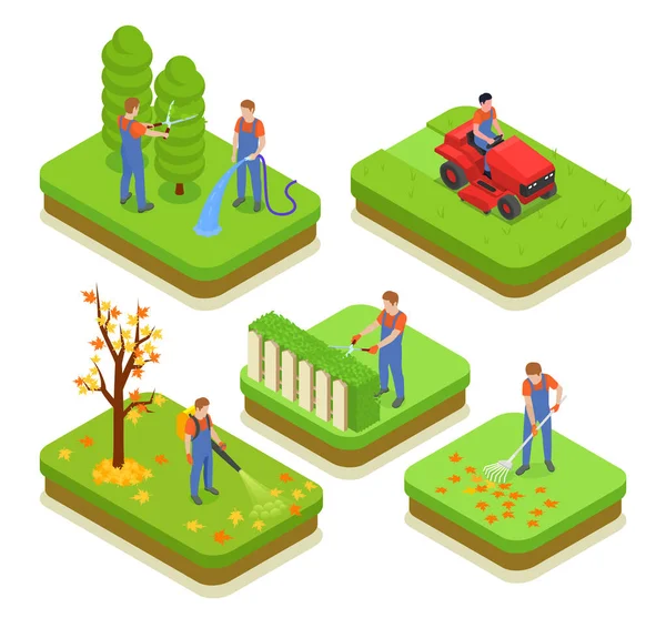 Professional Gardening Isometric Compositions Including Pruning Trees Shrubs Watering Cleaning —  Vetores de Stock