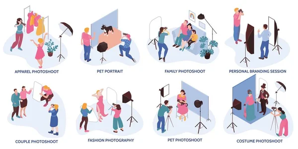 Photography Session Isometric Compositions Set Apparel Costume Pet Family Fashion — Stockvektor