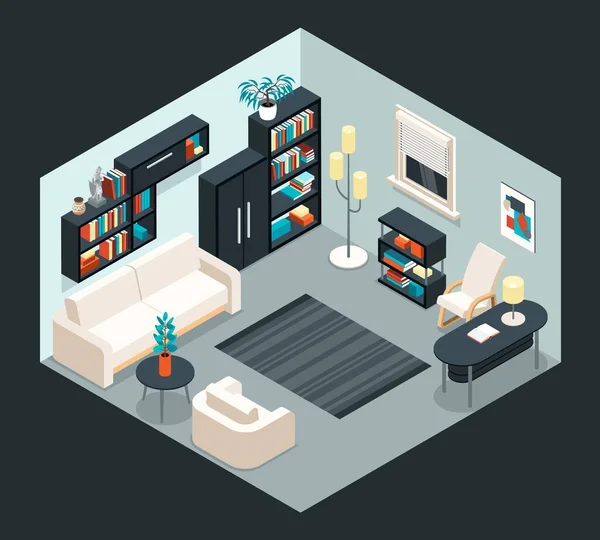 Isometric Home Furniture Interior Composition Living Room Scenery Black Book — Stockvector