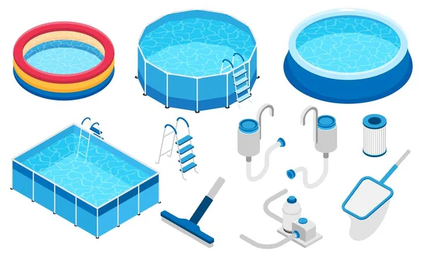 Isometric Swimming Pool Equipment Set Isolated Icons Pumps Cleanup Tools — Archivo Imágenes Vectoriales