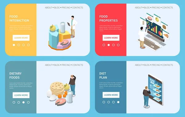 Dietology Isometric Banners Set Nutritionist Studying Food Properties Interaction Man — 图库矢量图片