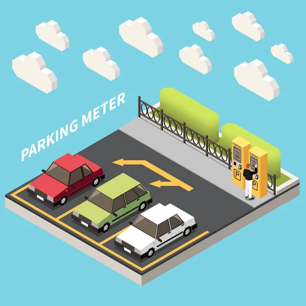 Man Using Parking Meter Outdoor Car Park Isometric Composition Blue — 图库矢量图片