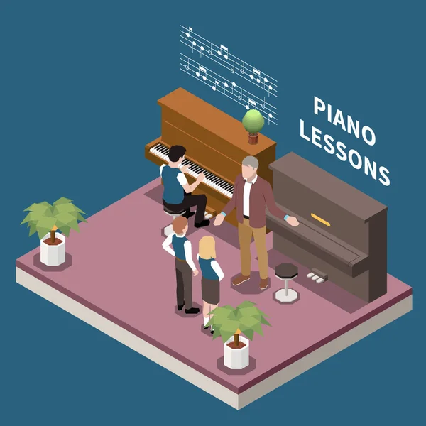 Art School Isometric Concept Piano Lesson Scene Teacher Students Dark — Vector de stock