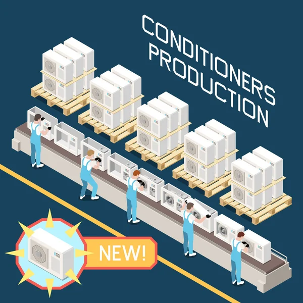 Production Air Conditioning Equipment Isometric Composition Workers Assembling Conditioners Ready — Vetor de Stock